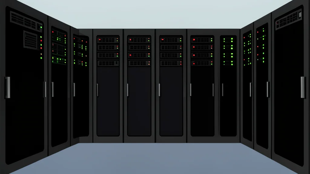 A clean, flat-vector illustration of a server room featuring rows of black cabinets and blinking status lights.