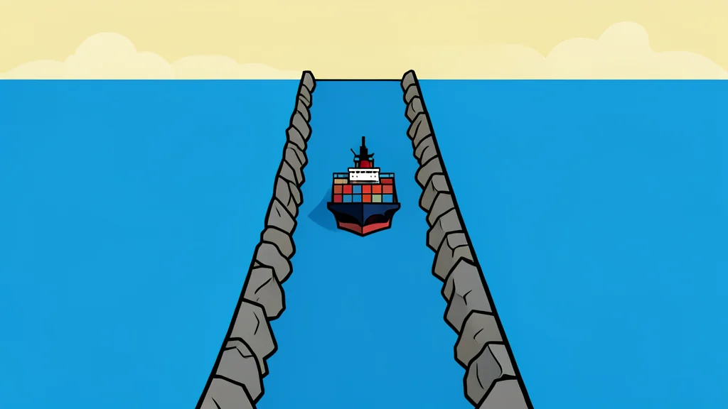 A narrow rocky strait connecting two large bodies of water with a cargo ship passing through