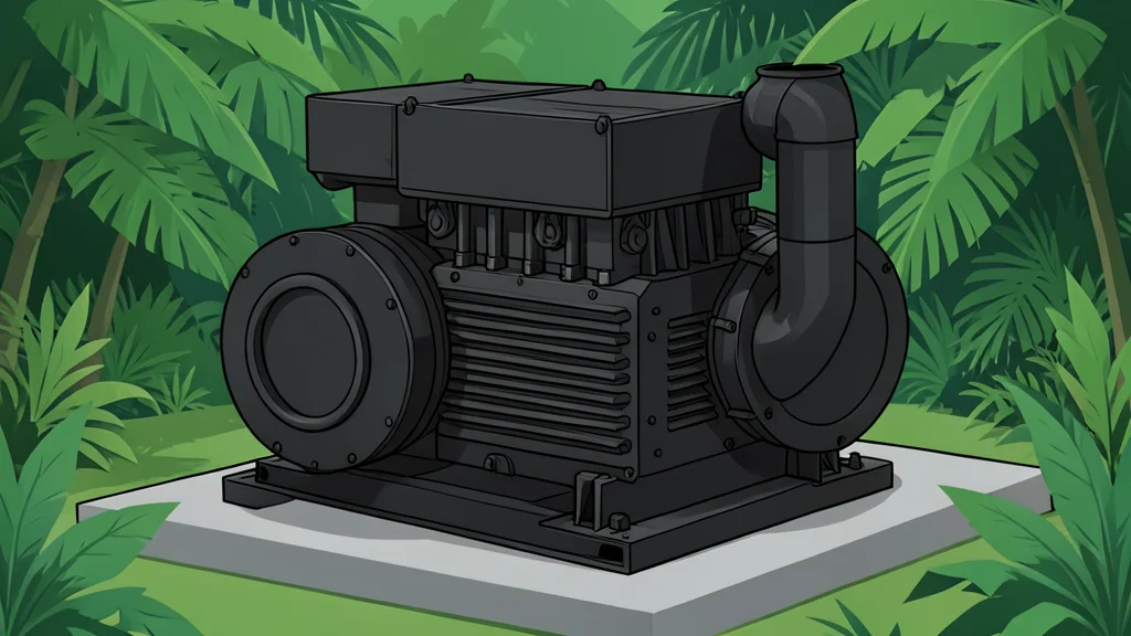 A large industrial diesel generator unit situated in a dense tropical forest clearing