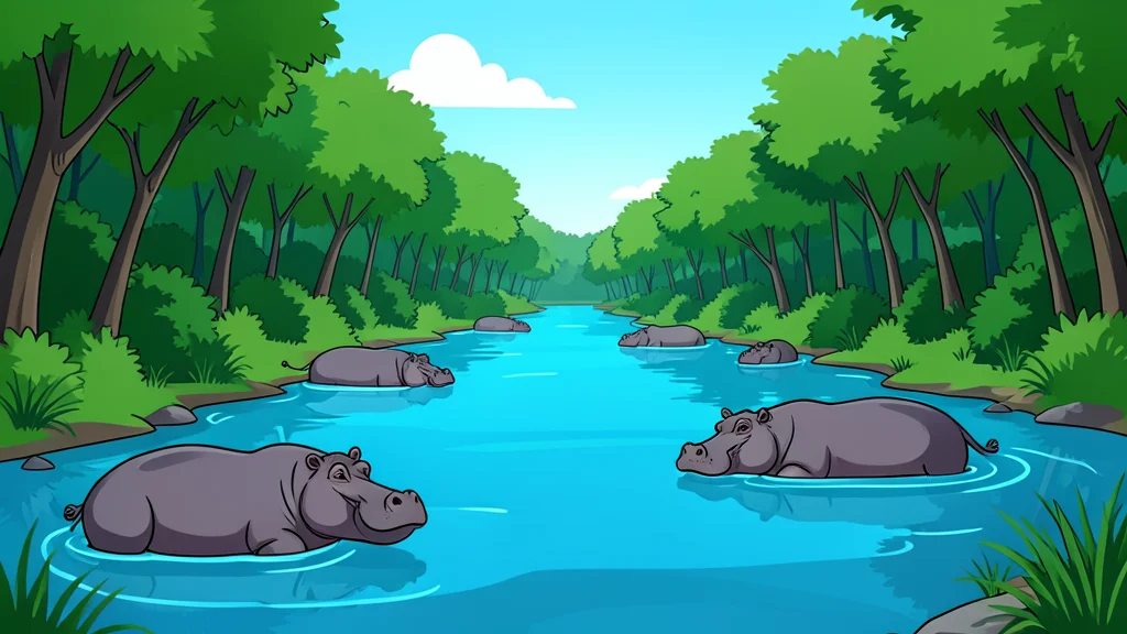 A wide river flowing through a dense green forest with hippos resting in the water