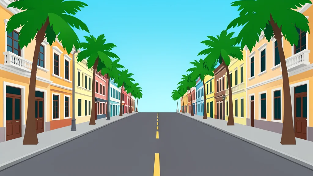 A wide, empty city street in a tropical climate with palm trees and colonial-style buildings in the background