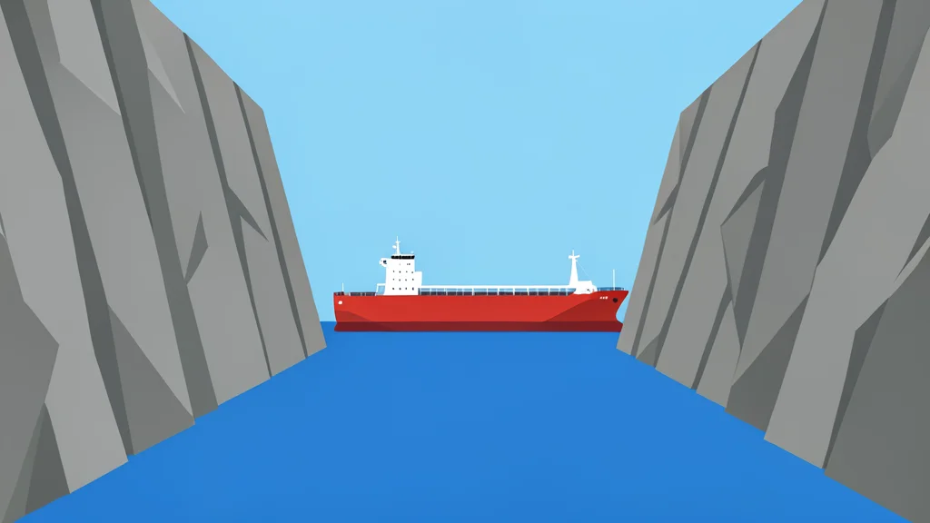 A large cargo ship moves through a narrow strait between rocky cliffs.