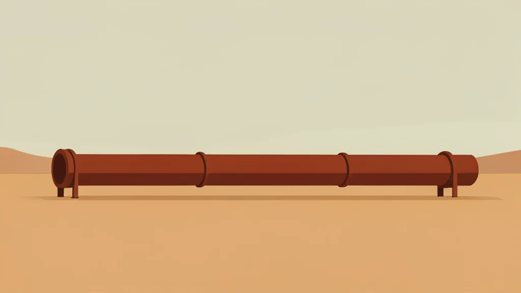 A rusted steel pipeline stretches across a dry desert landscape under a hazy sky.