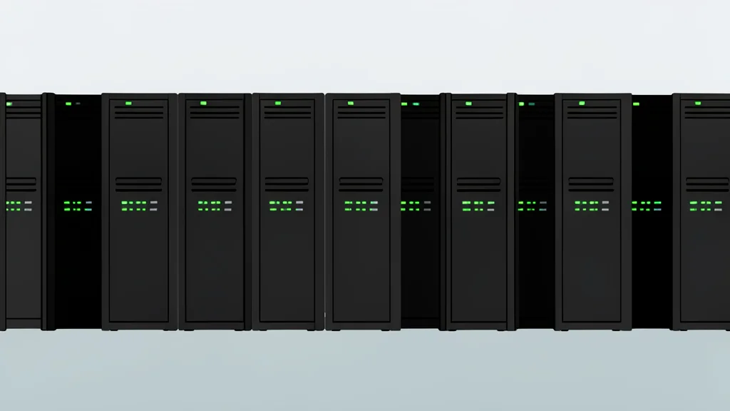 A server room with rows of black computer towers and blinking status lights