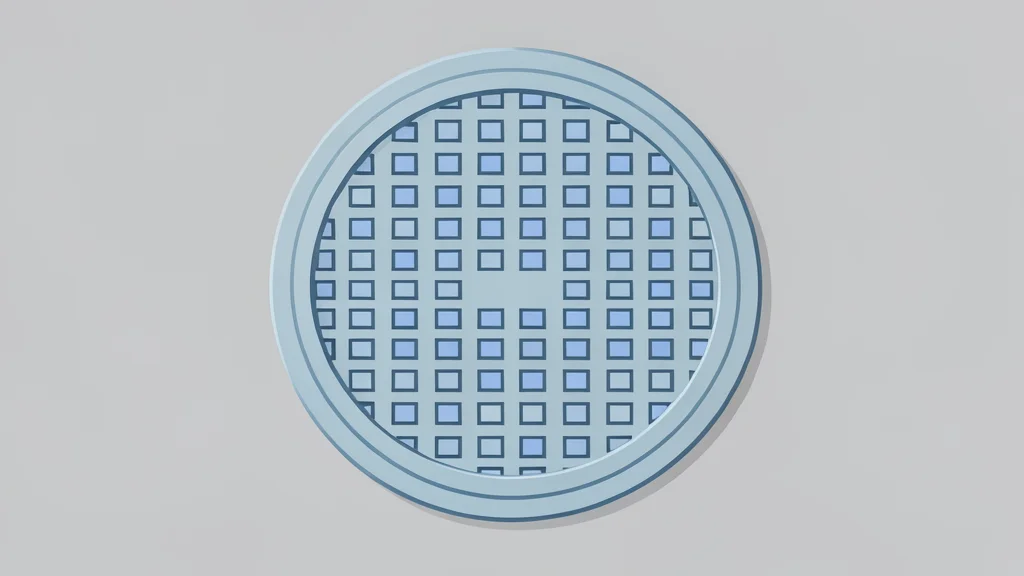 A close-up view of a silicon wafer with a grid of square chips, resting on a clean laboratory surface.