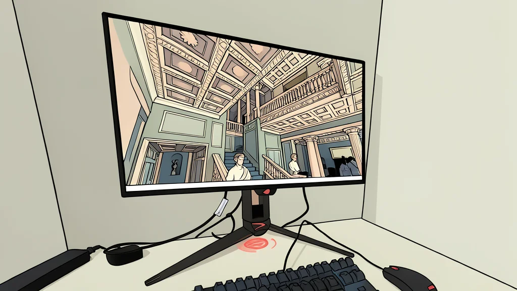 A sleek, thin-bezel computer monitor displaying a vibrant, high-contrast abstract landscape