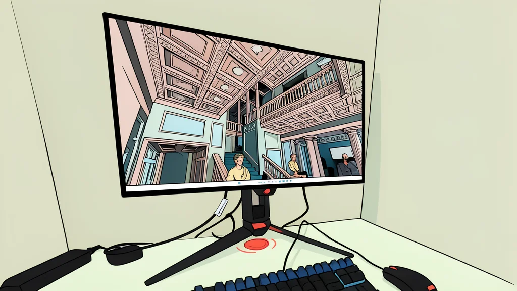A sleek, curved black monitor screen displaying a vibrant, high-contrast abstract landscape with deep blacks and bright highlights, sitting on a minimalist desk surface.