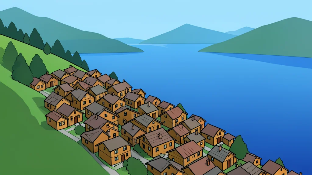 A dense cluster of wooden houses built on a steep hillside overlooking a large lake