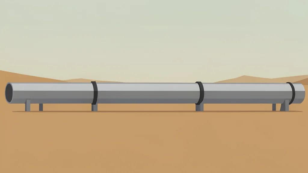 A long, metallic pipeline stretching across a dry, arid landscape under a hazy sky