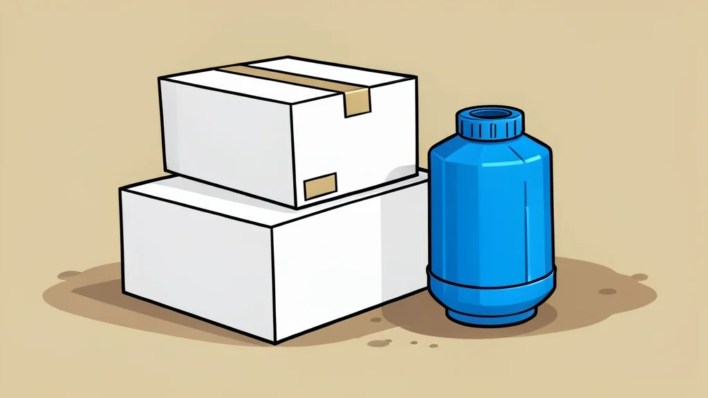 A stack of white medical supply boxes and a blue water purification filter sitting on dusty ground