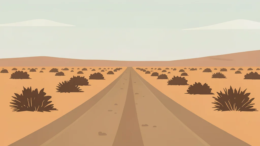 A flat-vector illustration of a dusty, unpaved road stretching through a dry, arid landscape with sparse scrub vegetation under a hazy sky.