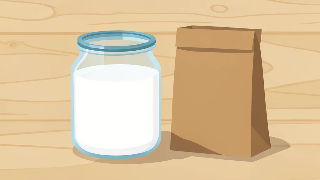 A glass jar of yogurt and a bag of granola bars sitting on a wooden table