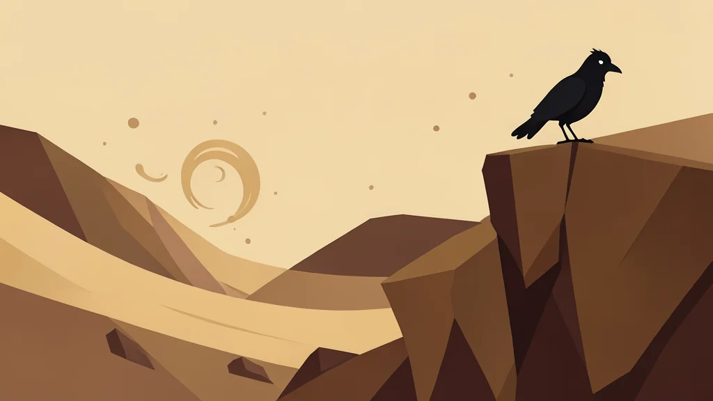 A stylized illustration of a rocky desert landscape with swirling sand and a silhouette of a bird-like creature perched on a cliff edge.