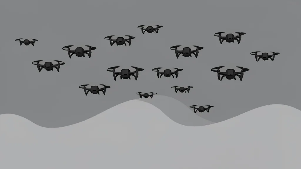 A cluster of small, dark quadcopter drones hovering in a grey sky