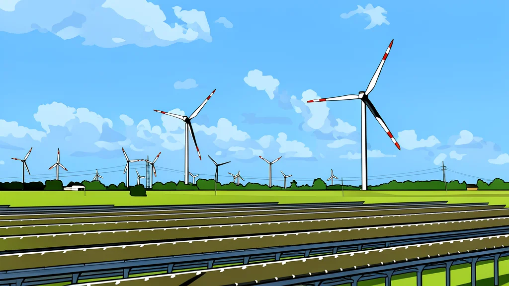A field of large, tilted solar panels and white wind turbines standing against a clear blue sky