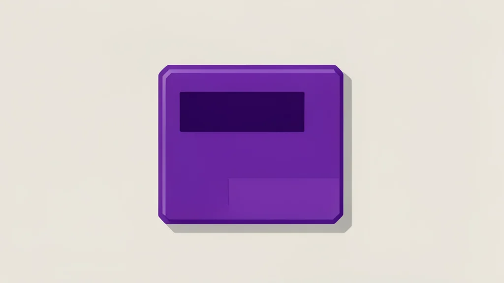 A small, purple, cube-shaped video game console sitting on a wooden shelf