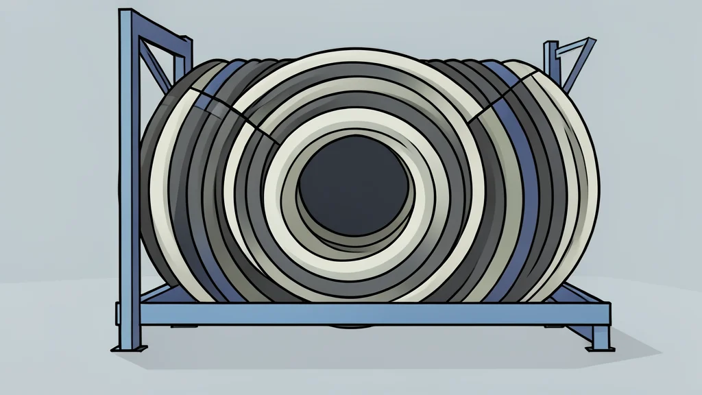 A bundle of thick, insulated electrical cables coiled on a metal rack in a warehouse
