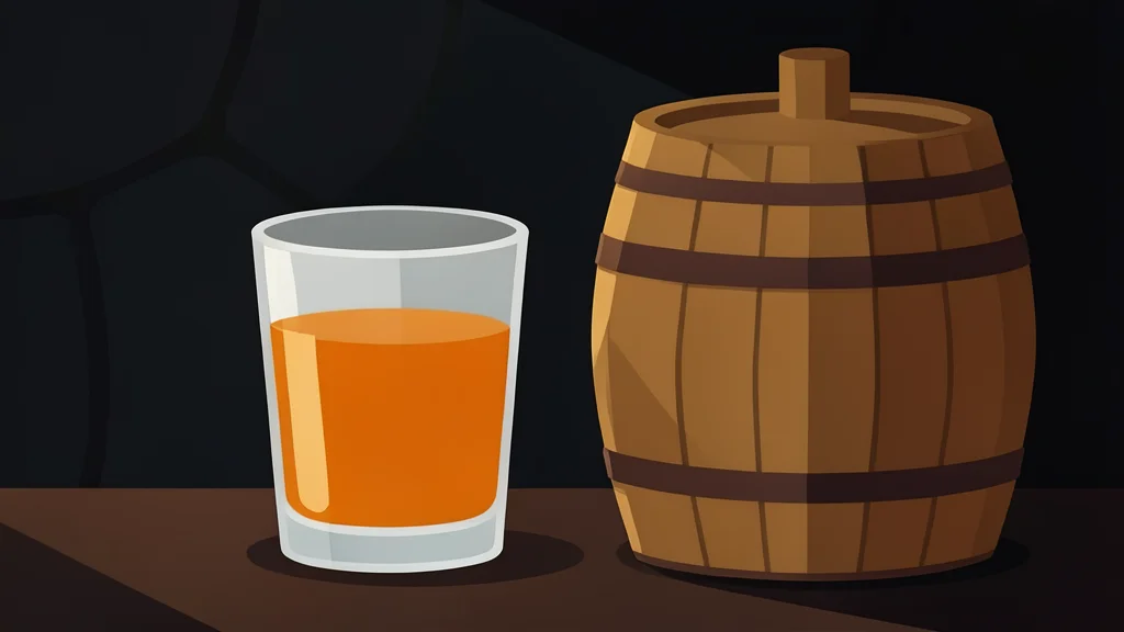 A glass of amber liquid next to a wooden cask in a dimly lit cellar