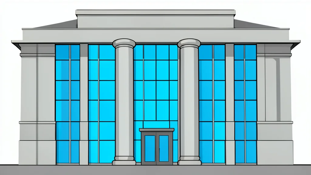 A modern courthouse facade with tall glass windows and stone columns