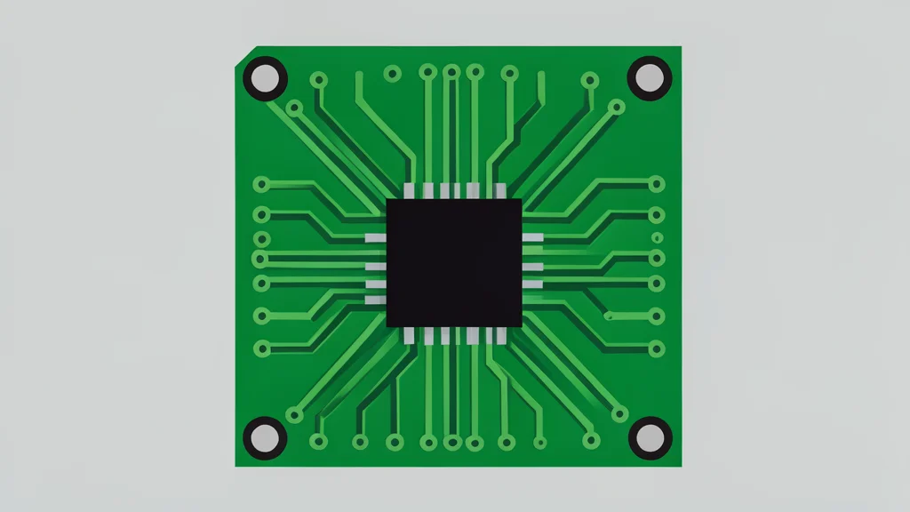 A close-up of a green circuit board with intricate copper pathways and a central black square chip