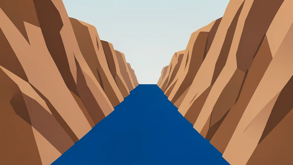A narrow, deep blue waterway flanked by steep, arid rocky cliffs under a hazy sky