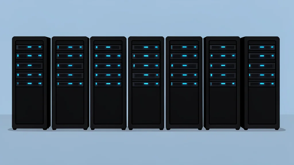 A server room with rows of black computer towers and glowing blue status lights