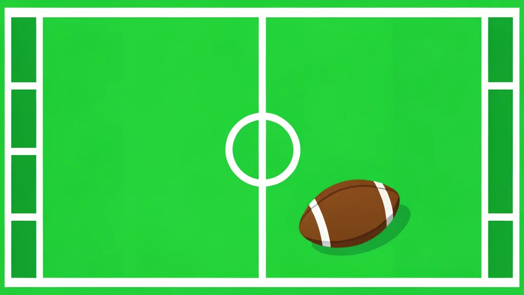A green football field with white yard lines and a brown leather football resting on the grass