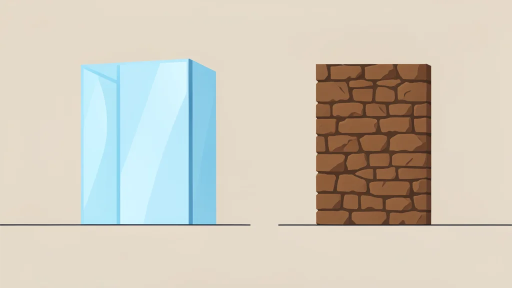 Two distinct geometric structures standing side by side on a flat horizon, one made of smooth glass and the other of rough stone, separated by a wide gap