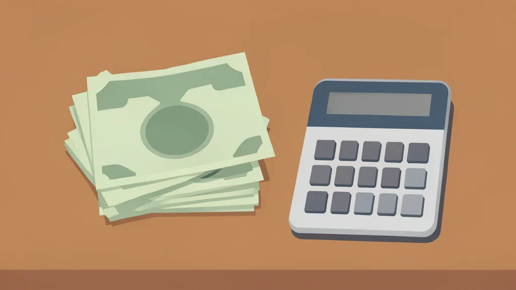 A stack of paper currency and a calculator on a wooden desk
