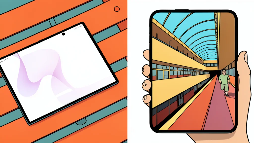 Two rectangular smartphone devices with hinged screens, one folded and one unfolded, resting on a neutral surface