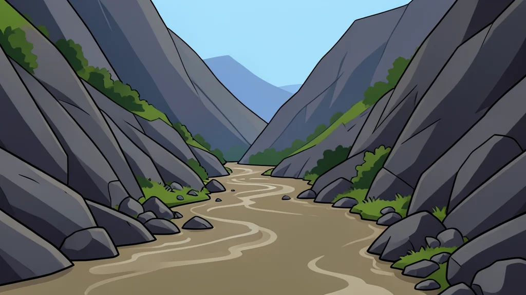 A muddy river flowing through a steep, rocky mountain valley with scattered debris on the banks.