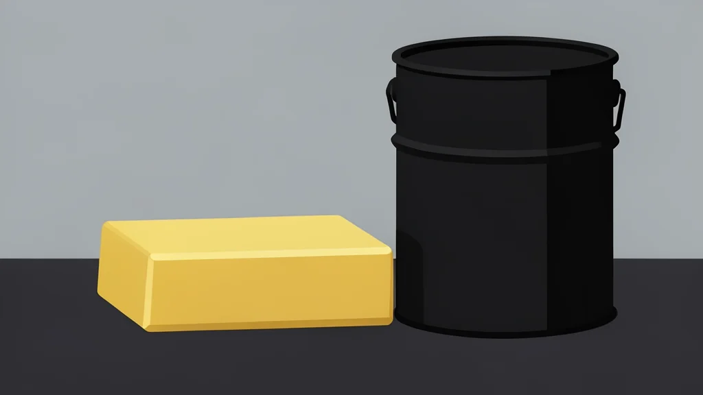 A polished gold bar resting on a dark surface next to a black oil drum