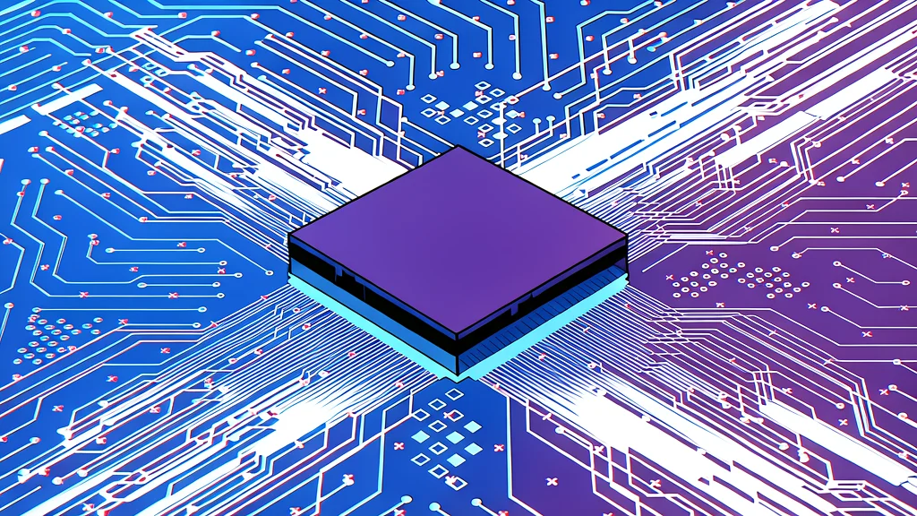 A close-up view of a black rectangular computer memory chip with gold contact pins, resting on a dark surface.
