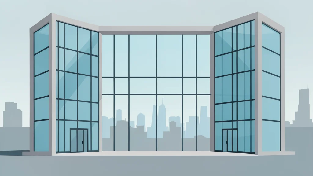 A modern glass office building with a large atrium and a view of a city skyline