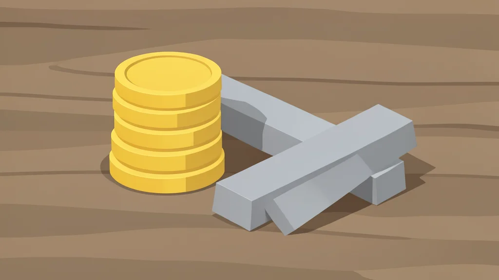 A stack of gold coins and silver bars on a wooden table