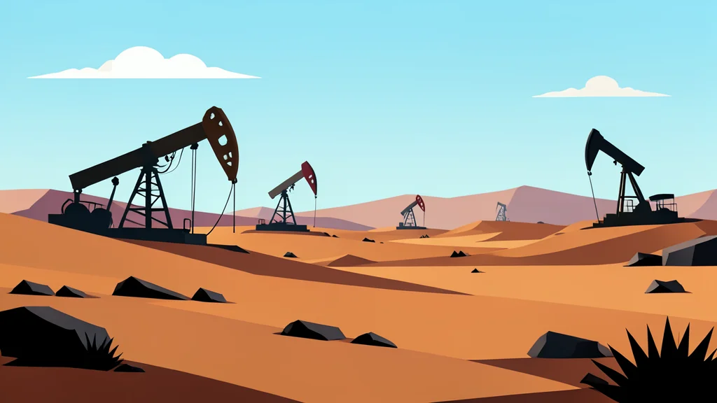 A rugged desert landscape with oil pumpjacks operating in the distance