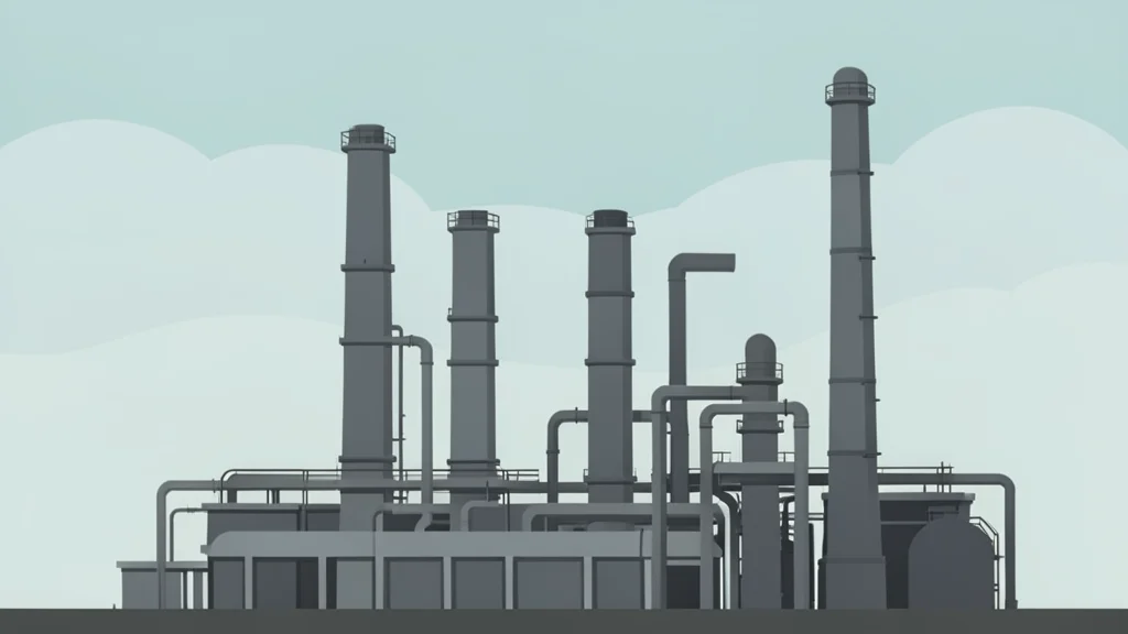 A large industrial oil refinery with tall distillation towers and piping against a hazy sky