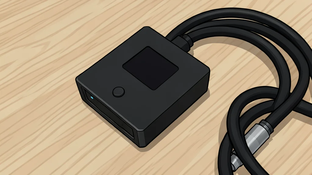 A metallic hardware cryptocurrency wallet device resting on a desk next to a computer keyboard