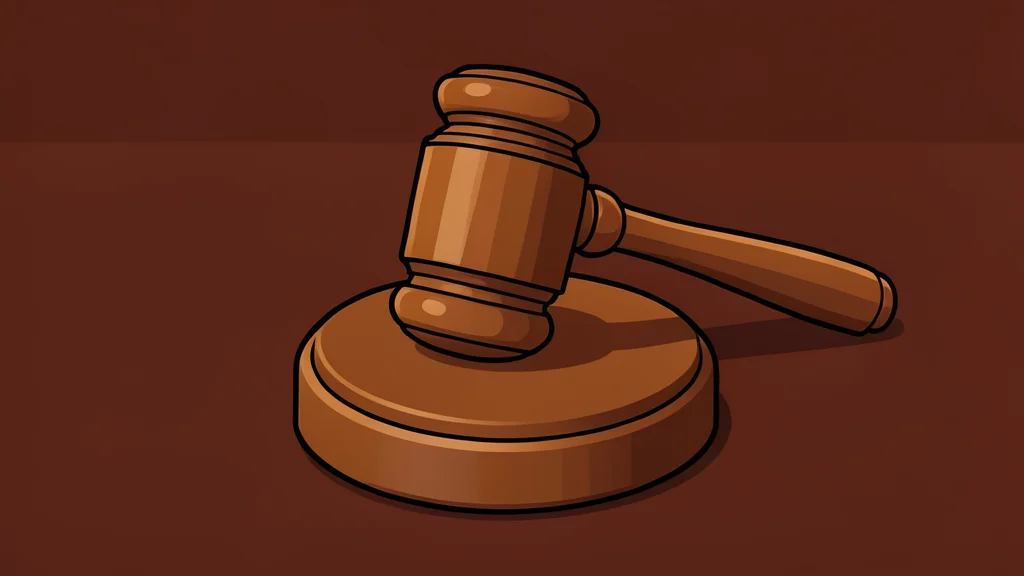 A wooden gavel resting on a polished mahogany desk surface