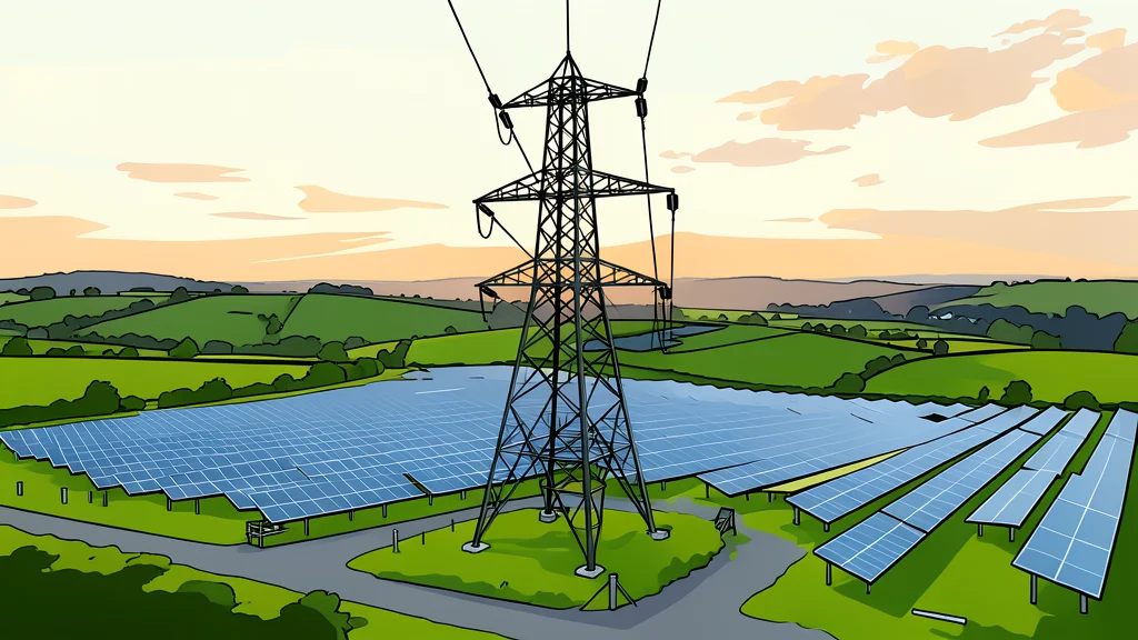 A modern glass office tower standing next to a field of solar panels and wind turbines