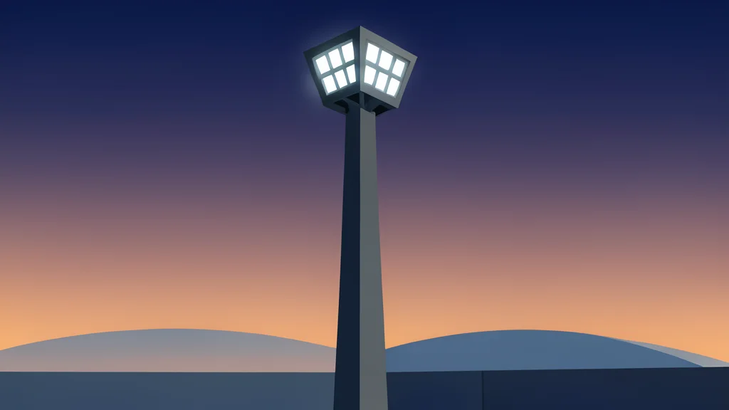 A modern football stadium floodlight tower standing against a twilight sky