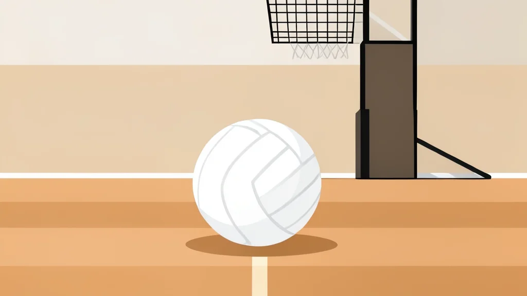 A white volleyball resting on a wooden gymnasium floor near a net post