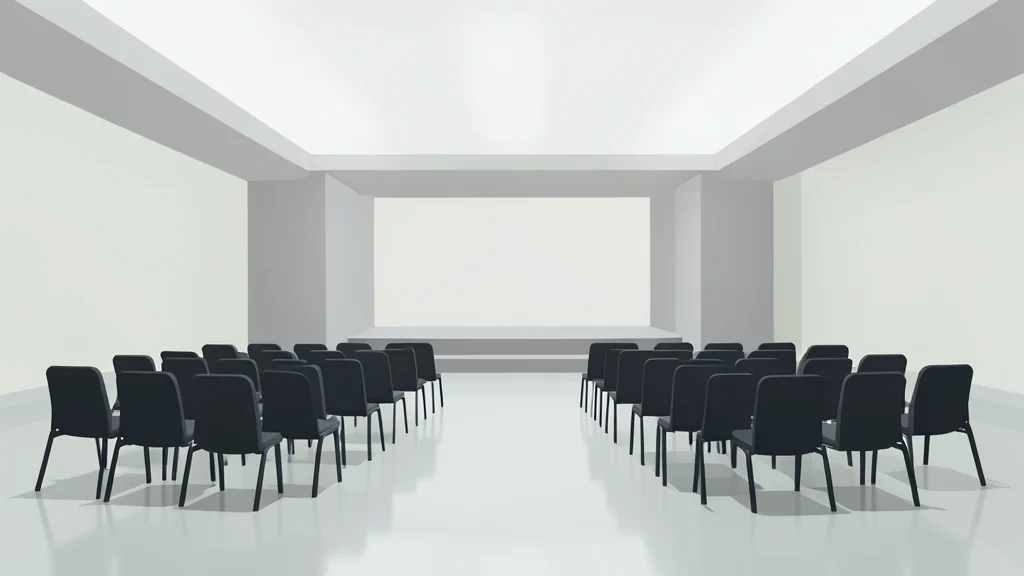 A large, modern conference hall with rows of empty chairs facing a central stage, bathed in soft, neutral lighting.