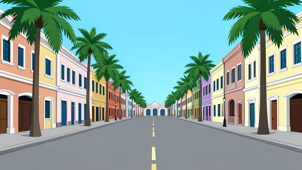 A wide, empty city street in a tropical climate with palm trees and colonial-style buildings in the background