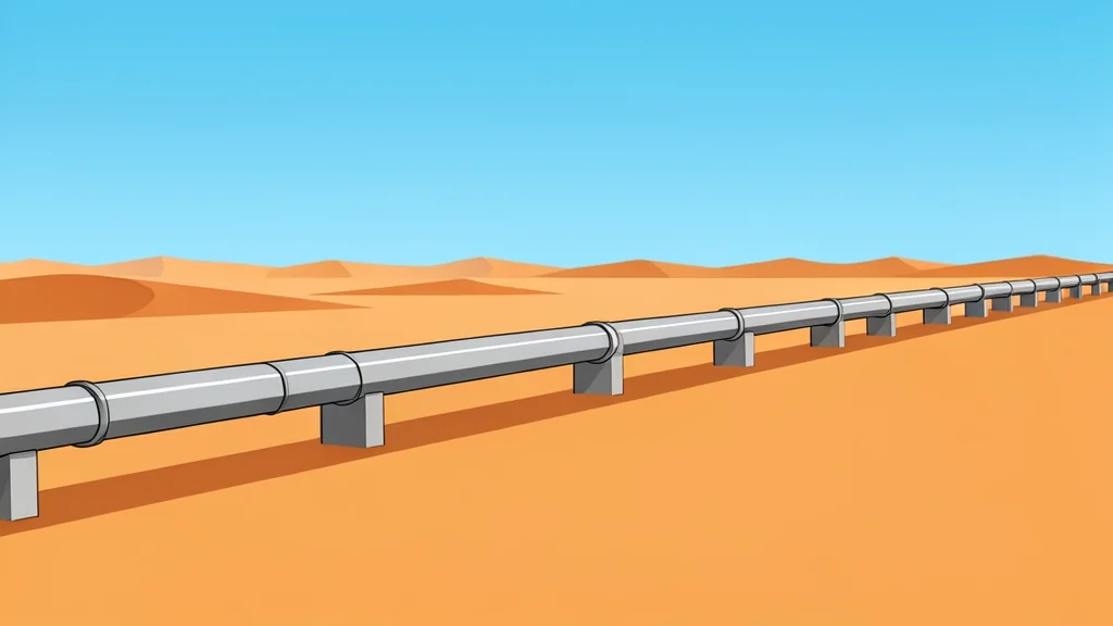 A long, metallic pipeline stretching across a vast, arid desert landscape under a clear sky