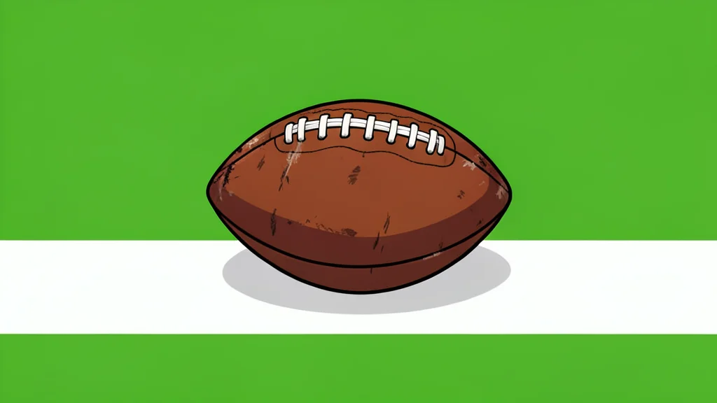 A green and gold football resting on a white yard line on a grass field