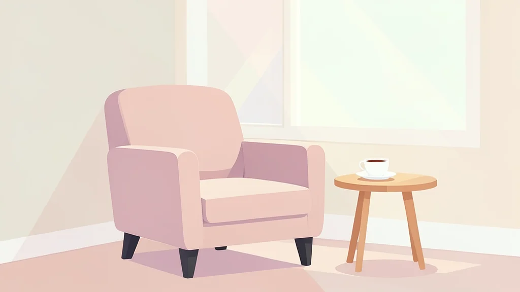 A modern residential living room with a comfortable armchair and a side table holding a cup of tea, bathed in soft natural light from a window.