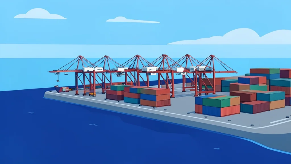 A flat-vector illustration of a large deep-sea port facility with cranes and shipping containers situated along a coastline.