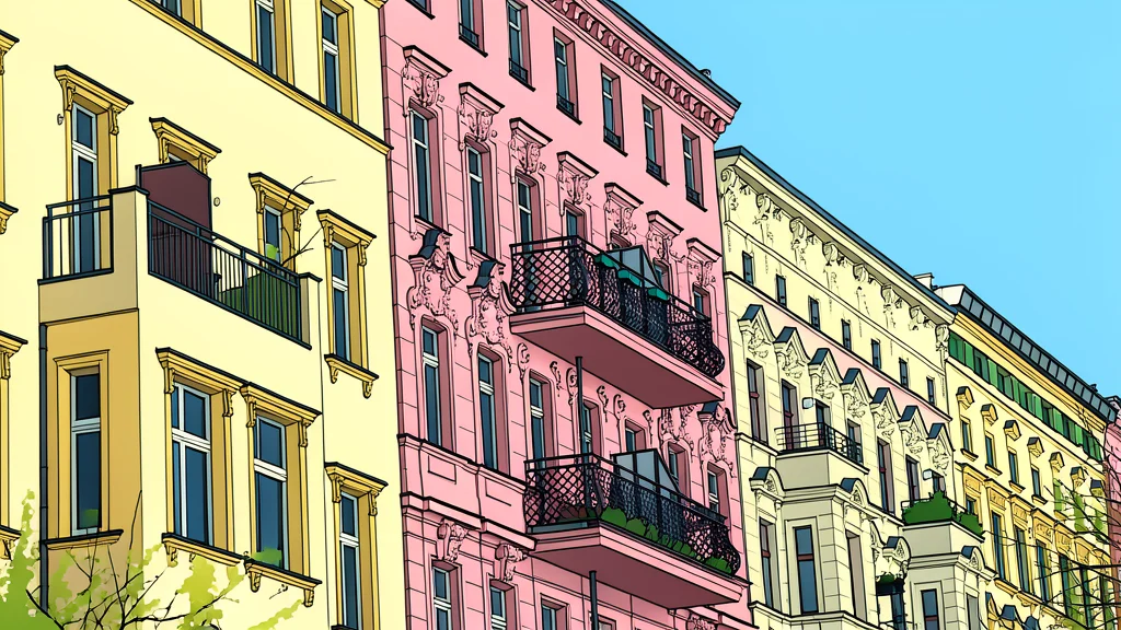 A row of multi-story residential apartment buildings with uniform windows and balconies