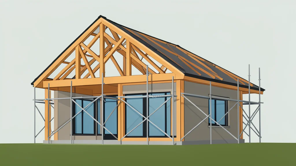 A modern suburban house under construction with a wooden frame and scaffolding